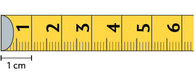 Ilustração de parte de uma fita métrica de 1 a 6 centímetros. Há uma indicação do início da fita até a marcação de número 1: '1 centímetro'. 