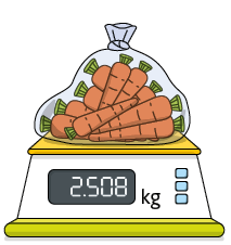 Ilustração de uma balança digital com um saco transparente sobre ela, com cenouras dentro. No visor de quilograma: 2,508.