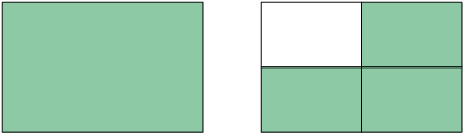 Ilustração de duas figuras iguais. Uma figura está completamente colorida de verde e a outra está dividida em 4 partes iguais com 3 delas coloridas de verde.
