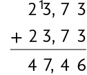 Algoritmo da adição 23,73 mais 23,73. O algarismo 3 do número 23 está com o número 1, pequeno, ao lado. O cálculo resulta em 47,46 abaixo do traço da operação.