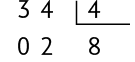 Parte do algoritmo da divisão de 34 dividido por 4 resultando em 8. Abaixo do algarismo 3 do número 34 está posicionado o 0 e abaixo do algarismo 4 está posicionado o número 2.