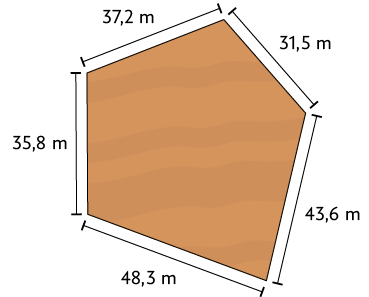 Ilustração de um pentágono com medidas de comprimento iguais a: 35,8 metros; 48,3 metros; 43,6 metros; 31,5 metros e 37,2 metros.
