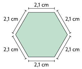 Ilustração de um hexágono regular com medidas de comprimento iguais a 2,1 centímetros.