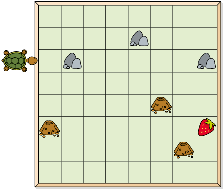 Ilustração, vista de cima, de uma tartaruga diante de um tabuleiro com 8 linhas e 8 colunas. A tartaruga está de frente para a terceira linha, do lado esquerdo do tabuleiro. Da esquerda para a direita e de cima para baixo, há pedras no quinto quadradinho da segunda linha, segundo quadradinho da terceira linha, último quadradinho da terceira linha, há formigueiros no sexto quadradinho da quinta linha, no primeiro quadradinho da sexta linha e no sétimo quadradinho da sétima linha. Há um morango no último quadradinho da sexta linha.