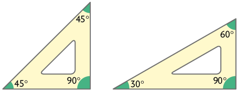 Ilustração de 2 esquadros, um ao lado do outro. No primeiro esquadro estão representados os ângulos de 90, 45 e 45 graus. No segundo esquadro estão representados os ângulos de 30, 90 e 60 graus.