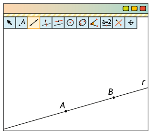 Ilustração de uma página de computador com o software Geogebra. Há vários botões de ferramentas e um com o desenho de uma reta está selecionado. Ainda na aba, está desenhada uma reta r com os pontos A e B contidos nela.