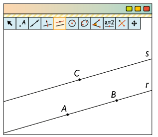 Ilustração de uma página de computador com o software Geogebra. Há vários botões de ferramentas e um com o desenho de duas retas paralelas está selecionado. Ainda na aba, estão desenhadas duas retas, s e r, paralelas. Na reta s há o ponto C e na reta r há os pontos A e B.