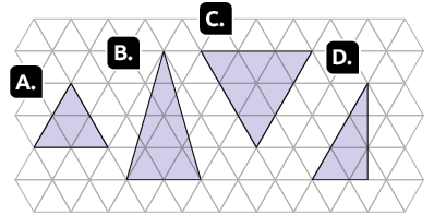 Ilustração de malha triangular com 4 triângulos. Triângulo A: ocupa 4 triângulos da malha. Triângulo B: tem a medida do comprimento da base formada por 2 triângulos e sua altura ocupa 4 linhas da malha. Triângulo C: ocupa 9 triângulos da malha. Triângulo D: tem a medida do comprimento da base formada por 1 triângulo e meio e sua altura ocupa 3 linhas da malha. 