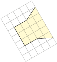 Ilustração de parte de uma malha quadriculada com uma figura formada por um retângulo ao lado de um trapézio. O retângulo é formado por 3 quadradinhos de base e 2 quadradinhos de altura; e o trapézio é formado por 5 quadradinhos na base maior e 3 quadradinhos na base menor. 