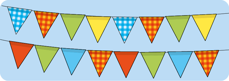 Ilustração de dois fios, um acima do outro, cheios de bandeirinhas triangulares de várias cores e estampas.