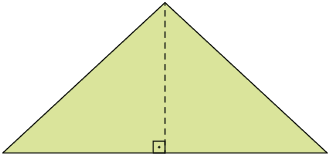 Ilustração de um triângulo com dois lados de mesma medida de comprimento. Há um segmento tracejado, perpendicular à base desse triângulo, representado a sua altura.