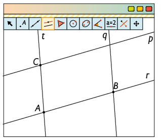 Ilustração da tela de um software com diversos ícones de ferramentas e com ícone de reta paralela, selecionado. Há uma reta t, paralela à reta q, que cruza com a reta p no ponto C e que cruza com a reta r no ponto A. As retas p e r também são paralelas. As retas q e r se cruzam no ponto B. Com o cruzamento dessas retas forma-se um quadrilátero.