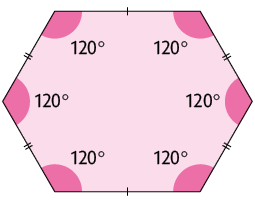 Ilustração de um polígono de 6 lados, sendo 4 lados com mesma medida de comprimento e os outros 2 com outra medida de comprimento. Os ângulos internos estão destacados: 120 graus. 