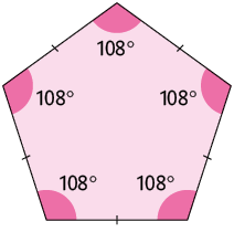 Ilustração de um polígono de 5 lados com medidas de comprimento todas iguais. Os ângulos internos estão destacados: 108 graus. 