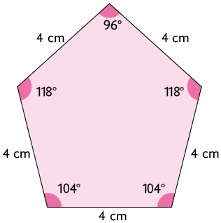 Ilustração de um polígono de 5 lados com medidas de comprimento iguais a 4 centímetros. Os ângulos internos estão destacados sendo eles: 118 graus, 104 graus, 104 graus, 118 graus e 96 graus.