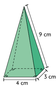Ilustração de uma pirâmide de base retangular, com medida de comprimento das bases, iguais a '4 centímetros' e '3 centímetros'. Na lateral de uma das faces, a medida do lado do triângulo da pirâmide está indicado: '9 centímetros'.
