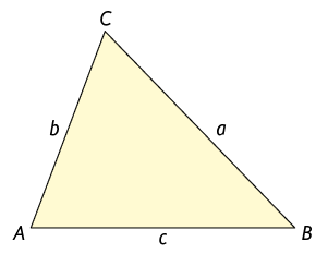Ilustração de um triângulo A B C com as medidas de comprimento diferentes. A medida de comprimento do lado A C é b; do lado A B é c e do lado B C é a.