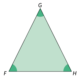 Ilustração de um triângulo F G H com todos os lados iguais. Os três ângulos estão destacados.