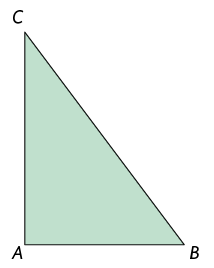 Ilustração de um triângulo retângulo A B C com três medidas de comprimento diferentes.