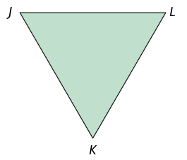 Ilustração de um triângulo J K L. Todos os ângulos internos têm a mesma medida.