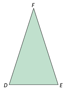 Ilustração de um triângulo D E F. Dois dos ângulos de suas bases são iguais.