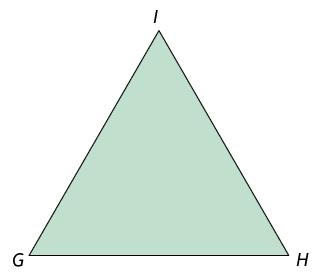 Ilustração de um triângulo G H I. Todos os ângulos internos têm a mesma medida.