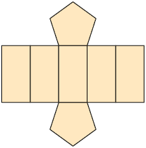 Ilustração de uma planificação composta por dois pentágonos e cinco retângulos, que estão lado a lado e alinhados. Os dois pentágonos estão nos lados opostos do retângulo central.