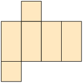 Ilustração de uma planificação composta por dois quadrados e quatro retângulos, que estão lado a lado e alinhados. Um dos quadrados está abaixo do primeiro retângulo e o outro está acima do segundo retângulo.