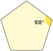 Ilustração de um pentágono regular com um de seus ângulos internos destacados: 108 graus.