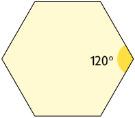 Ilustração de um hexágono regular com um de seus ângulos internos destacados: 120 graus.