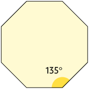 Ilustração de um octógono regular com um de seus destacados ângulos internos: 135 graus.