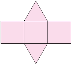 Ilustração de uma planificação de sólido geométrico, formado por 3 retângulos e 2 triângulos.