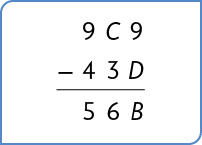 Algoritmo da subtração: 9 C 9, menos 4 3 D, resultando em 5 6 B.