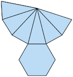 Ilustração de 6 triângulos com 1 de seus vértices em comum e com eles lado a lado, com lados em comum. No quarto triângulo, da esquerda para a direita, em seu lado livre, há um hexágono com um lado em comum a esse do triângulo.