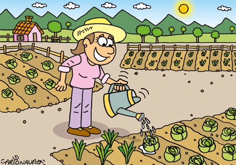 Charge de uma mulher com chapéu e um regador nas mãos, colocando água em verduras em uma horta que está no chão. Ao fundo, há uma casa, árvores e montanhas.