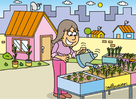Charge de uma mulher com um regador nas mãos, colocando água em uma pequena horta, feita em caixas. Ao fundo, há casas e prédios ao redor.