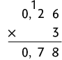 Algoritmo da multiplicação, do número 3 vezes 0,26. O algarismo 2 do número 0,26 está com o número 1, ao lado. O cálculo resulta em 0,78.
