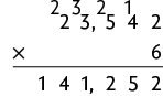 Algoritmo da subtração, do número 23, 542, vezes 6. Os algarismos 2, 3, 5 e 4 do número 23,542 estão com o número 2, 3, 2 e 1, respectivamente, ao lado. O cálculo resulta em 141,252.