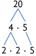 Esquema. Decomposição do número composto 20, que está na primeira linha. Na segunda linha, o 20, corresponde a 4 vezes 5. Na terceira linha, o 4 da segunda linha corresponde a 2 vezes 2, que está multiplicado por 5 que corresponde ao número 5 que se repete da segunda linha.