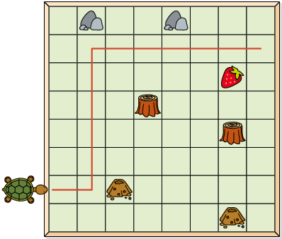Ilustração, vista de cima, de uma tartaruga diante de um tabuleiro com 8 linhas e 8 colunas. A tartaruga está de frente para a sétima linha, do lado esquerdo do tabuleiro. Da esquerda para a direita e de cima para baixo, há pedras no segundo e quinto quadradinhos da primeira linha, há formigueiros no terceiro quadradinho da sétima linha, no sétimo quadradinho da oitava linha. Há troncos no quarto quadradinho da quarta linha e no sétimo quadradinho da quinta linha e há um morango no sétimo quadradinho da terceira linha. Também há um caminho, mas que não leva a tartaruga ao morango, passando pelos 2 quadradinhos na frente da tartaruga, 5 para a esquerda e 6 quadradinhos para a direita.