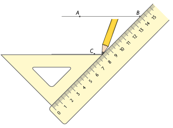 Ilustração de um esquadro com um de seus 3 lados para cima, onde está desenhada uma reta passando pelo ponto C, há uma reta acima passando pelos pontos A e B. O lado direito do esquadro está apoiado sobre uma régua. 
