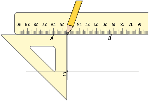 Ilustração de um esquadro com um de seus 3 lados sobre uma régua, perpendicularmente, e há uma reta desenhada acima da régua passando pelos pontos A e B, há outra reta que já havia sido desenhada, que passou pelo ponto C.