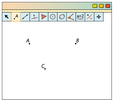 Ilustração de uma página de computador com o software Geogebra. Há vários botões de ferramentas e um com o desenho de um ponto e a letra A ao lado está selecionado. Ainda na aba, há desenhado 3 pontos, A, B, C.