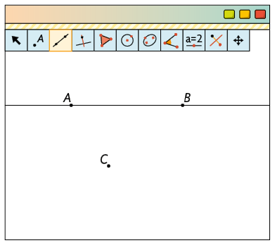 Ilustração de uma página de computador com o software Geogebra. Há vários botões de ferramentas e um com o desenho de uma reta está selecionado. Ainda na aba, há desenhado 3 pontos, A, B, C e uma reta passando por A e B.