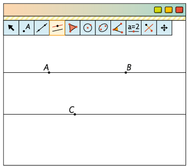 Ilustração de uma página de computador com o software Geogebra. Há vários botões de ferramentas e um com o desenho de duas retas paralelas está selecionado. Ainda na aba, há desenhado 3 pontos, A, B, C, uma reta passando por A e B e outra reta passando por C, paralela a anterior.