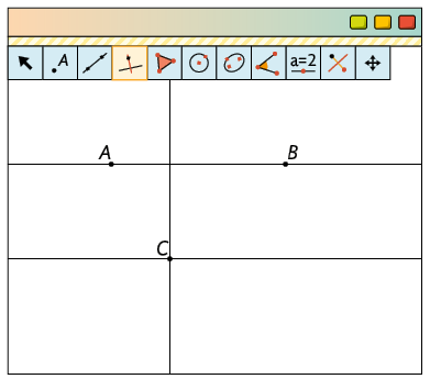 Ilustração de uma página de computador com o software Geogebra. Há vários botões de ferramentas e um com o desenho de duas retas perpendiculares está selecionado. Ainda na aba, há desenhado 3 pontos, A, B, C, uma reta passando por A e B e outra reta passando por C, paralela a anterior. Há outra reta passando por C e perpendicular as duas citadas anteriormente.