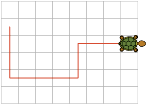 Ilustração com a mesma malha quadriculada anterior. A tartaruga se deslocou em linha reta da posição de onde estava até o oitavo quadradinho da terceira linha. 