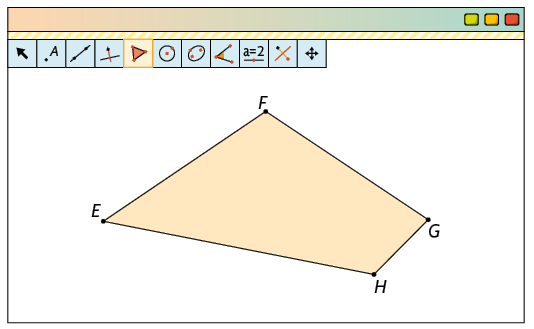 Ilustração de uma página de computador com o software Geogebra. Há vários botões de ferramentas e um com o desenho de um polígono está selecionado. Ainda na aba, está desenhado um polígono de 4 lados com os vértices E, F, G, H.