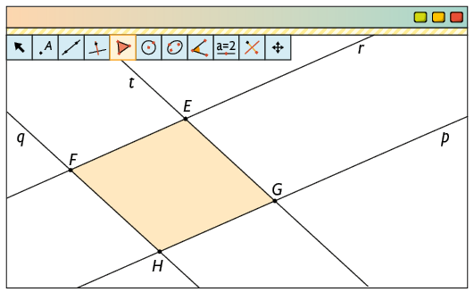 Ilustração de uma página de computador com o software Geogebra. Há vários botões de ferramentas e um com o desenho de um polígono está selecionado. Ainda na aba, está desenhado um polígono de 4 lados com os vértices E, F, G, H. Há a reta p passando pelos vértices G e H, a reta r passando pelos vértices F e E, a reta t passando pelos vértices E e G, a reta q passando pelos vértices F e H.