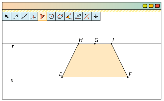 Ilustração de uma página de computador com o software Geogebra. Há vários botões de ferramentas e um com o desenho de um polígono está selecionado. Ainda na aba, está desenhado um trapézio de vértices E, F, I, H. Há o ponto G na base menor, entre os pontos H e I, a reta s passando pelos vértices E e F e a reta r passando pelos vértices H e I.